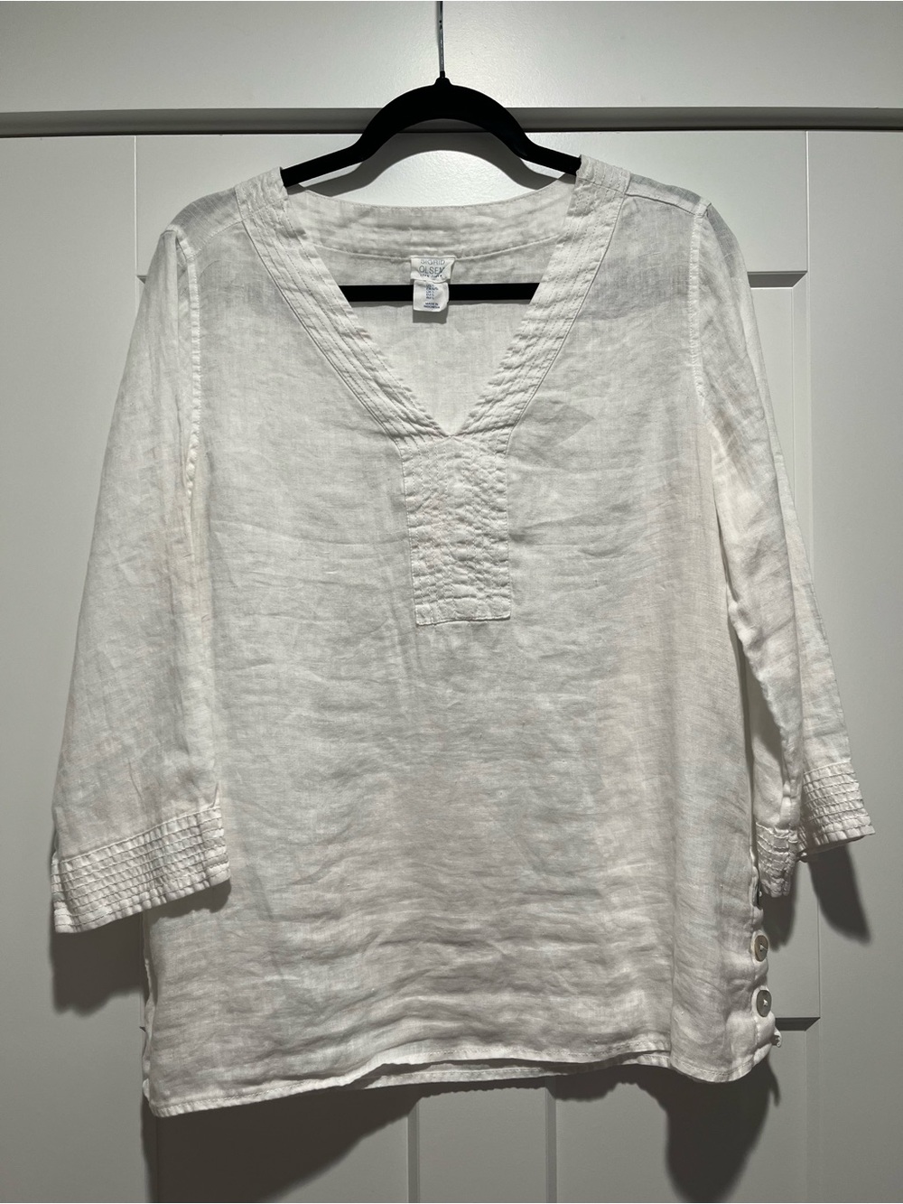 Sigrid Olsen White 100% Linen V-Neck Tunic with Pintuck Detail Size Large